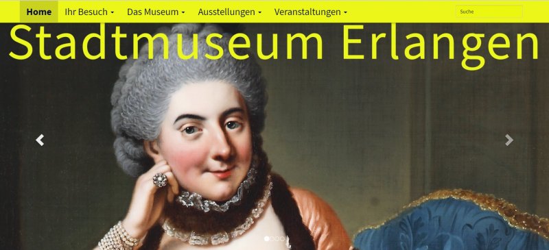 Screenshot der Homepage des Stadtmuseums Erlangen: dargestellt ist dort ein Frauenportrait aus der Sammlung